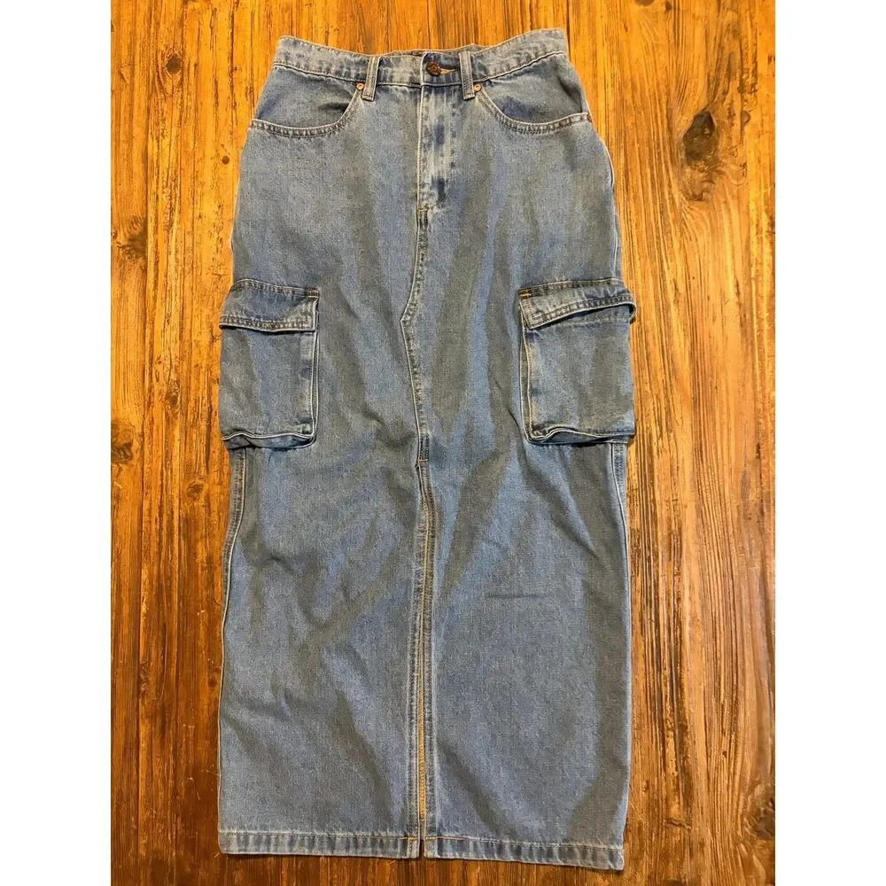 Sincerely Jules Cargo Utility Denim Maxi Skirt with Front Slit (Size 1/24)